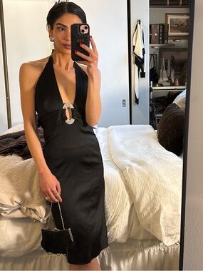 Vintage ‘Cache’ Old Hollywood Glam  Black Satin Rhinestone Halter Midi Dress